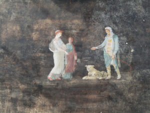 Fresco of Helen and Paris from the newly excavated dining room. Image courtesy of the Italian Ministry of Culture.